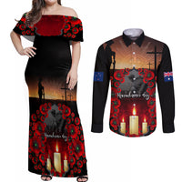 Custom New Zealand and Australia ANZAC Day Couples Matching Off Shoulder Maxi Dress and Long Sleeve Button Shirt Gallipoli and Canlelight Lest We Forget LT03 Black - Polynesian Pride