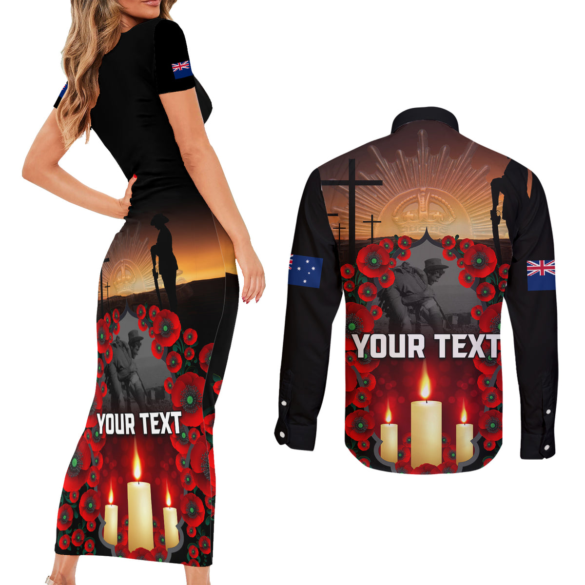 Custom New Zealand and Australia ANZAC Day Couples Matching Short Sleeve Bodycon Dress and Long Sleeve Button Shirt Gallipoli and Canlelight Lest We Forget LT03 - Polynesian Pride