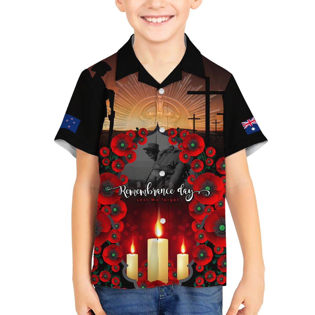 Custom New Zealand and Australia ANZAC Day Family Matching Summer Maxi Dress and Hawaiian Shirt Gallipoli and Canlelight Lest We Forget LT03 Son's Shirt Black - Polynesian Pride