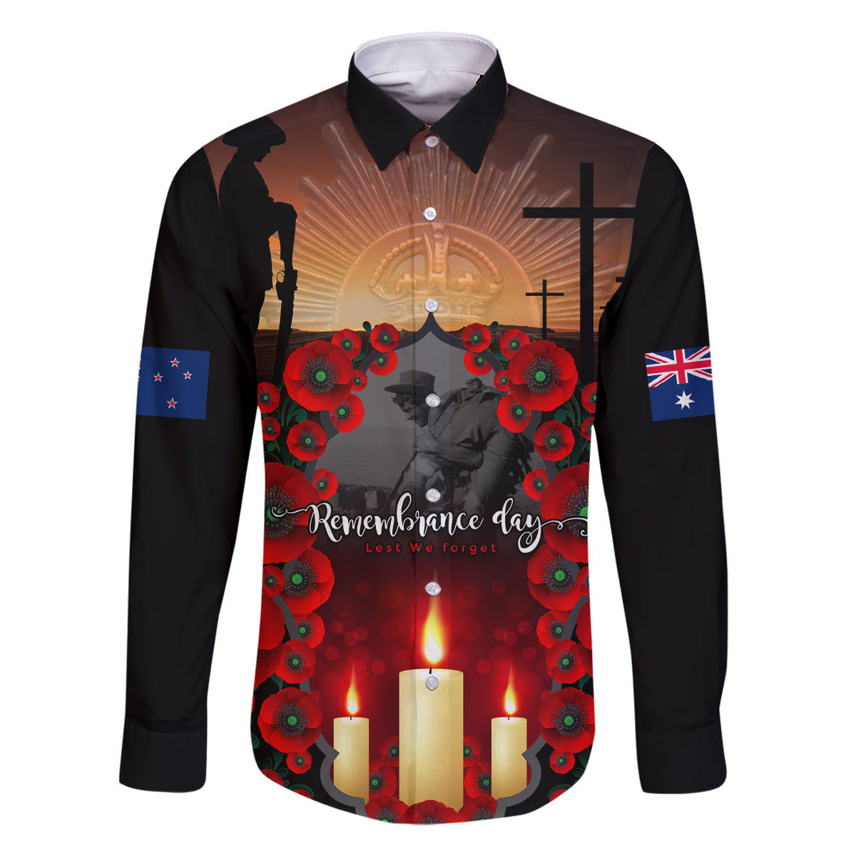Custom New Zealand and Australia ANZAC Day Family Matching Tank Maxi Dress and Hawaiian Shirt Gallipoli and Canlelight Lest We Forget LT03 Dad's Shirt - Long Sleeve Black - Polynesian Pride