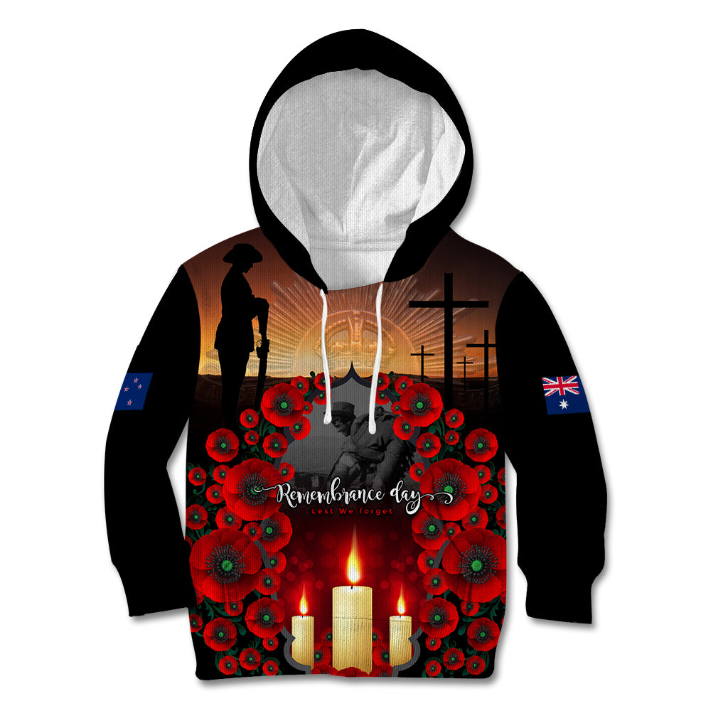 Custom New Zealand and Australia ANZAC Day Kid Hoodie Gallipoli and Canlelight Lest We Forget LT03 Hoodie Black - Polynesian Pride