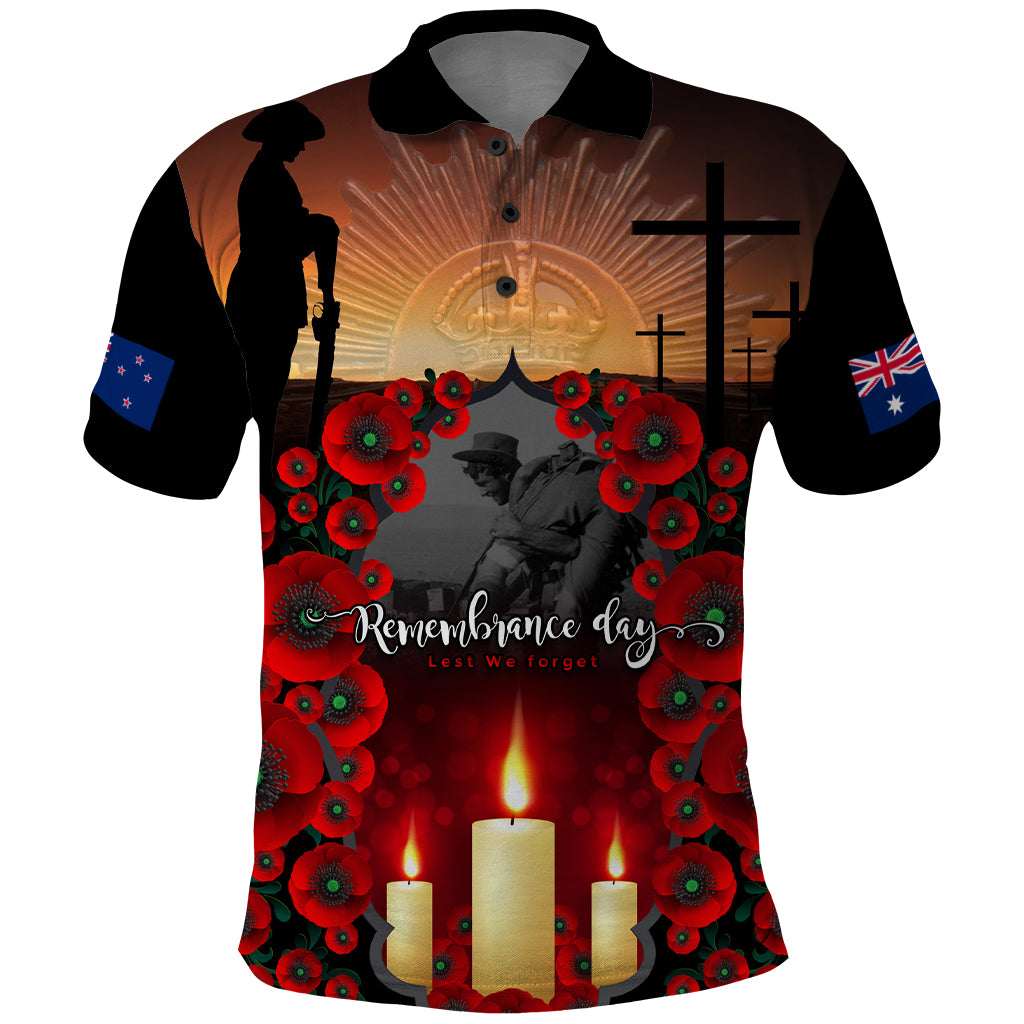Custom New Zealand and Australia ANZAC Day Polo Shirt Gallipoli and Canlelight Lest We Forget LT03 Black - Polynesian Pride
