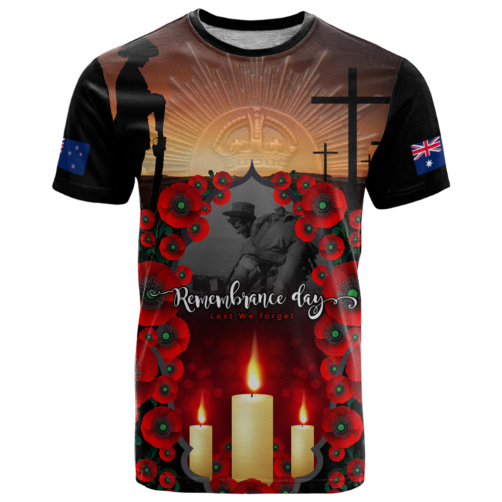 Custom New Zealand and Australia ANZAC Day T Shirt Gallipoli and Canlelight Lest We Forget LT03 Black - Polynesian Pride
