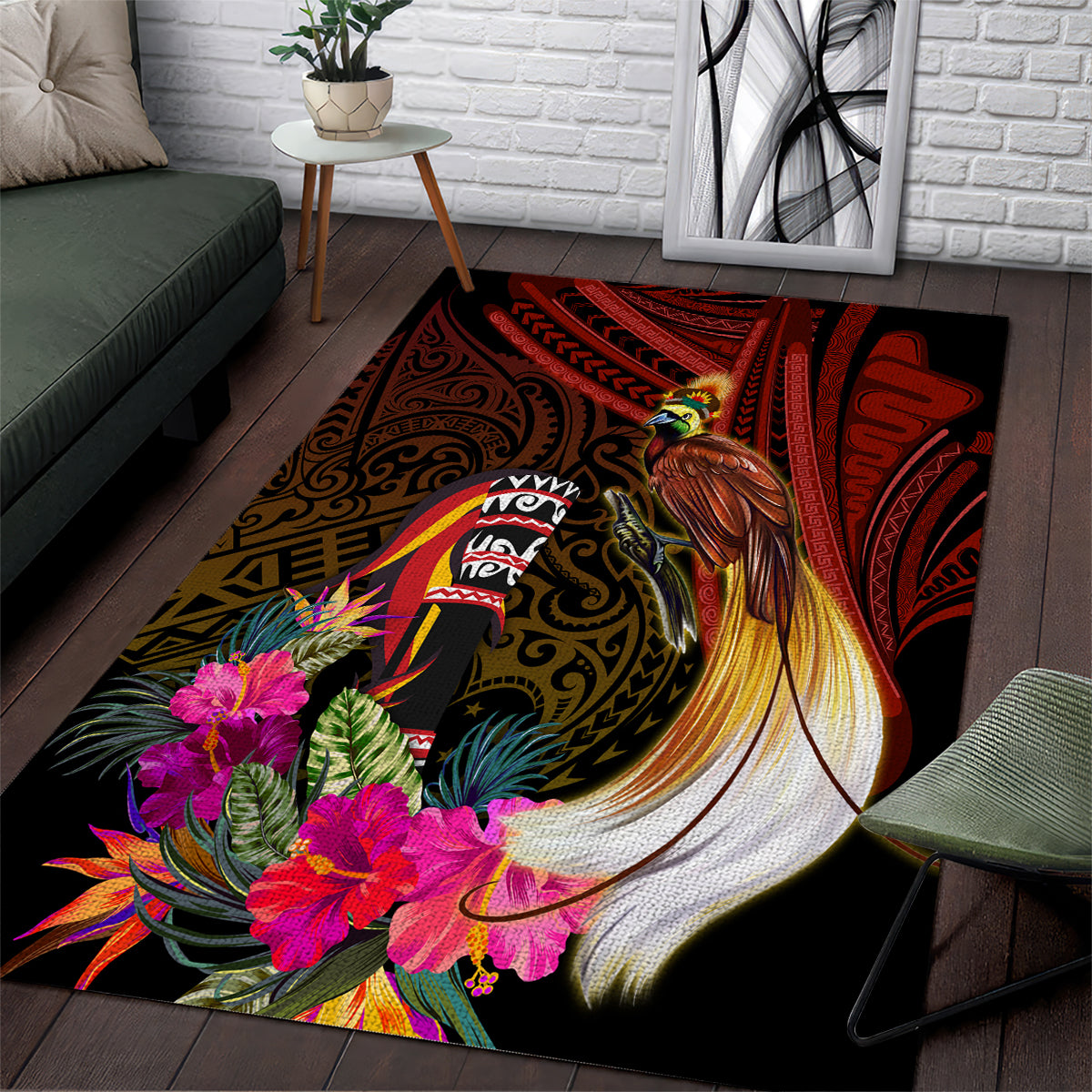 Papua New Guinea Bird-of-Paradise Area Rug Hibiscus and Kundu Drum Tribal Pattern LT03 Yellow - Polynesian Pride