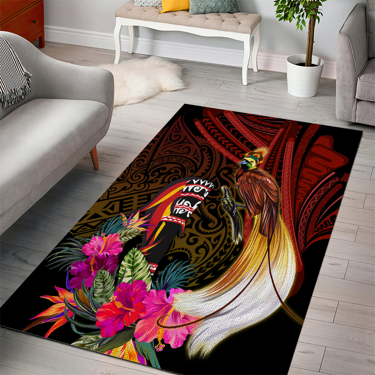 Papua New Guinea Bird-of-Paradise Area Rug Hibiscus and Kundu Drum Tribal Pattern LT03 - Polynesian Pride