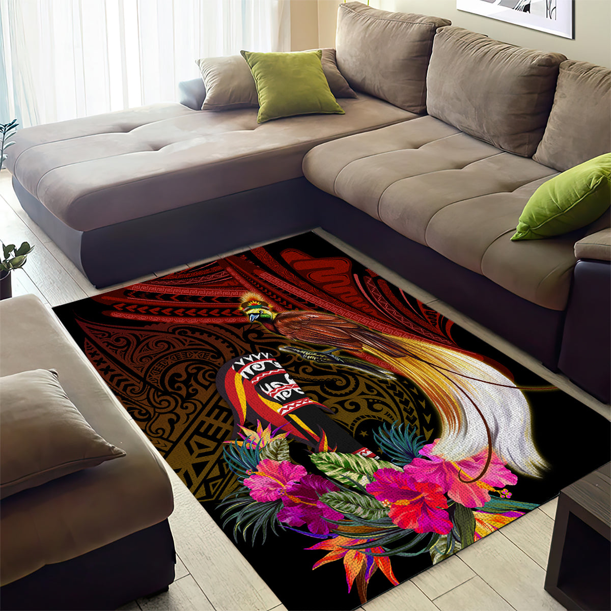 Papua New Guinea Bird-of-Paradise Area Rug Hibiscus and Kundu Drum Tribal Pattern LT03 - Polynesian Pride