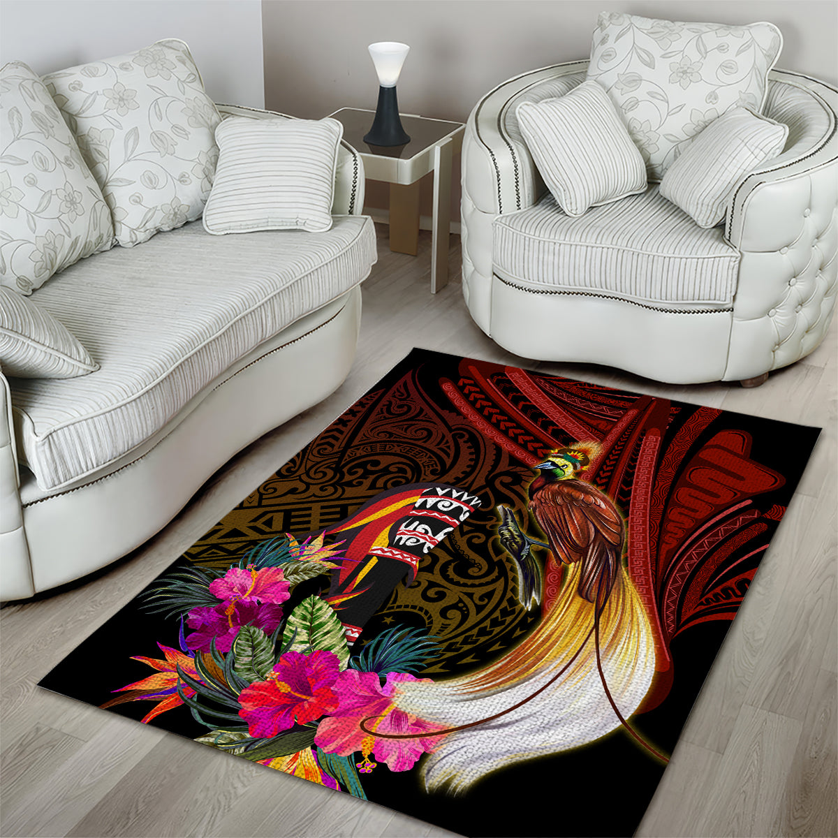 Papua New Guinea Bird-of-Paradise Area Rug Hibiscus and Kundu Drum Tribal Pattern LT03 - Polynesian Pride