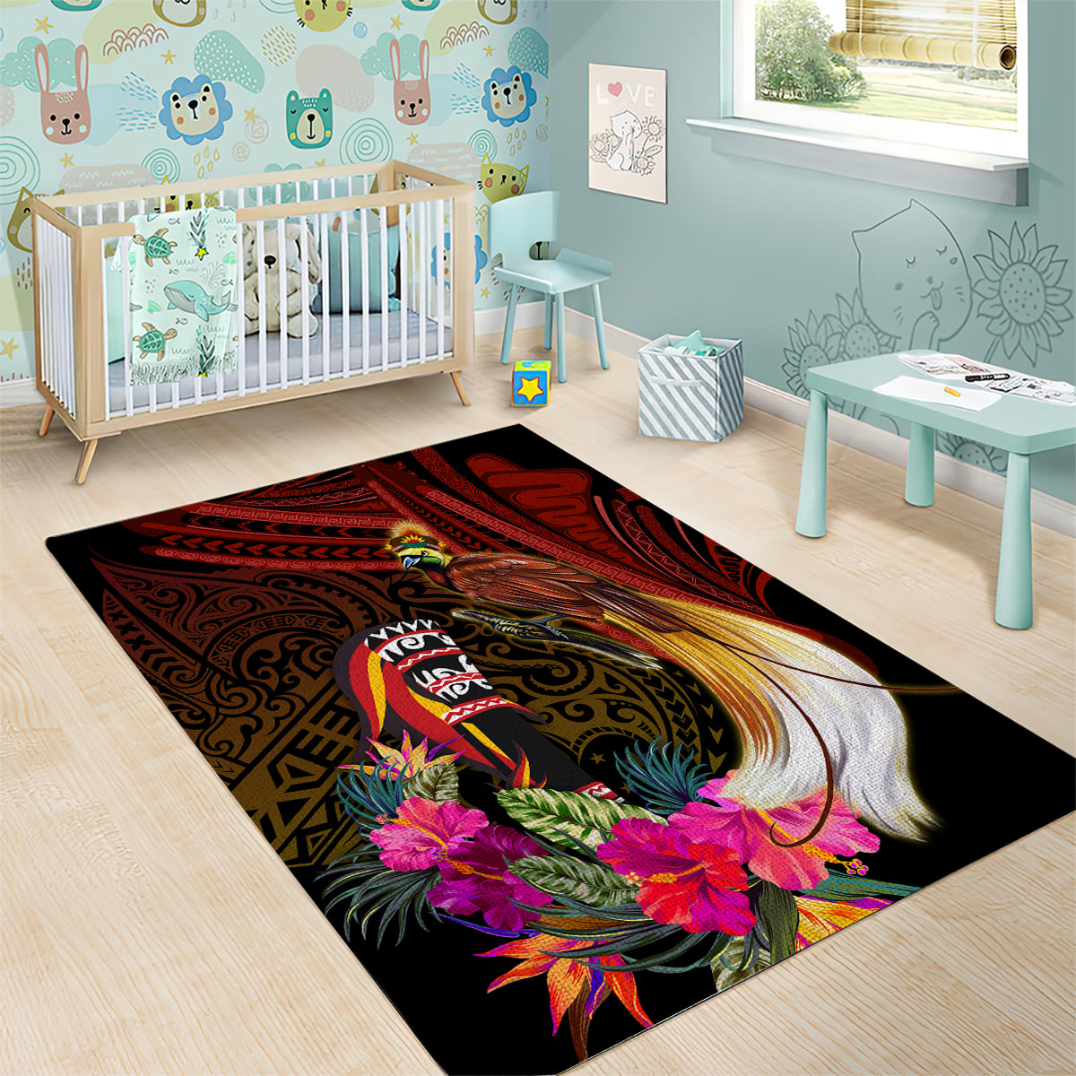 Papua New Guinea Bird-of-Paradise Area Rug Hibiscus and Kundu Drum Tribal Pattern LT03 - Polynesian Pride