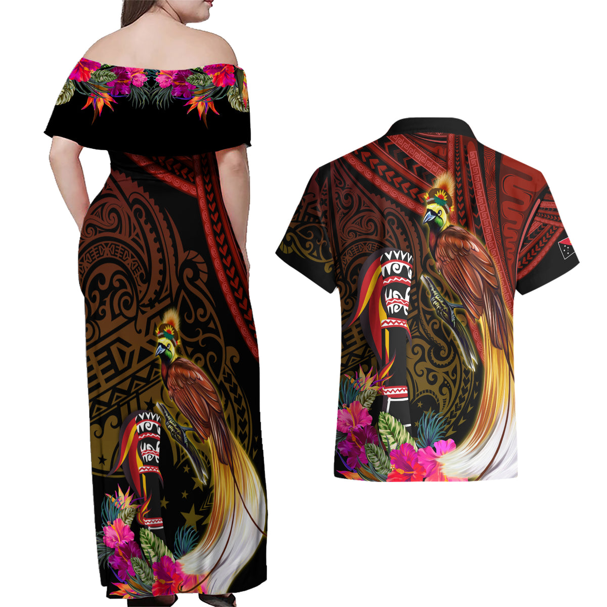 Papua New Guinea Rugby Couples Matching Off Shoulder Maxi Dress and Long Sleeve Button Shirts Port Moresby Vipers PNG Polynesian Pattern LT14 main image 0