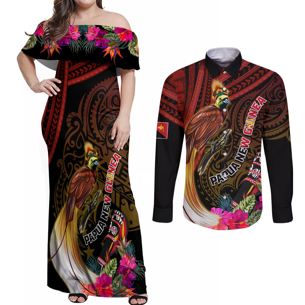 Papua New Guinea Bird-of-Paradise Couples Matching Off Shoulder Maxi Dress and Long Sleeve Button Shirt Hibiscus and Kundu Drum Tribal Pattern LT03 Yellow - Polynesian Pride