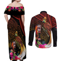Papua New Guinea Bird-of-Paradise Couples Matching Off Shoulder Maxi Dress and Long Sleeve Button Shirt Hibiscus and Kundu Drum Tribal Pattern LT03 - Polynesian Pride