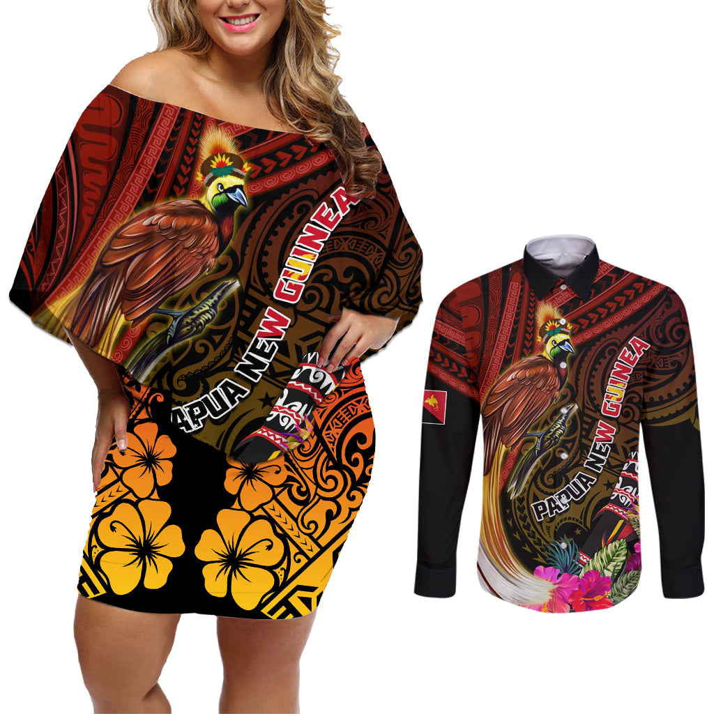 Papua New Guinea Bird-of-Paradise Couples Matching Off Shoulder Short Dress and Long Sleeve Button Shirt Hibiscus and Kundu Drum Tribal Pattern LT03 Yellow - Polynesian Pride