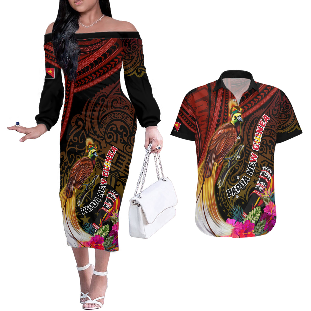 Papua New Guinea Bird-of-Paradise Couples Matching Off The Shoulder Long Sleeve Dress and Hawaiian Shirt Hibiscus and Kundu Drum Tribal Pattern LT03 Yellow - Polynesian Pride