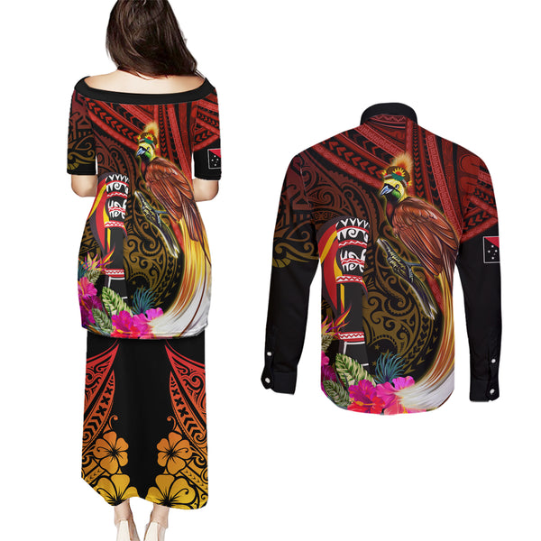 Custom Papua New Guinea Enga Province Couples Matching Puletasi Dress and Long Sleeve Button Shirts PNG Birds Of Paradise Polynesian Arty Style LT03 main image 0