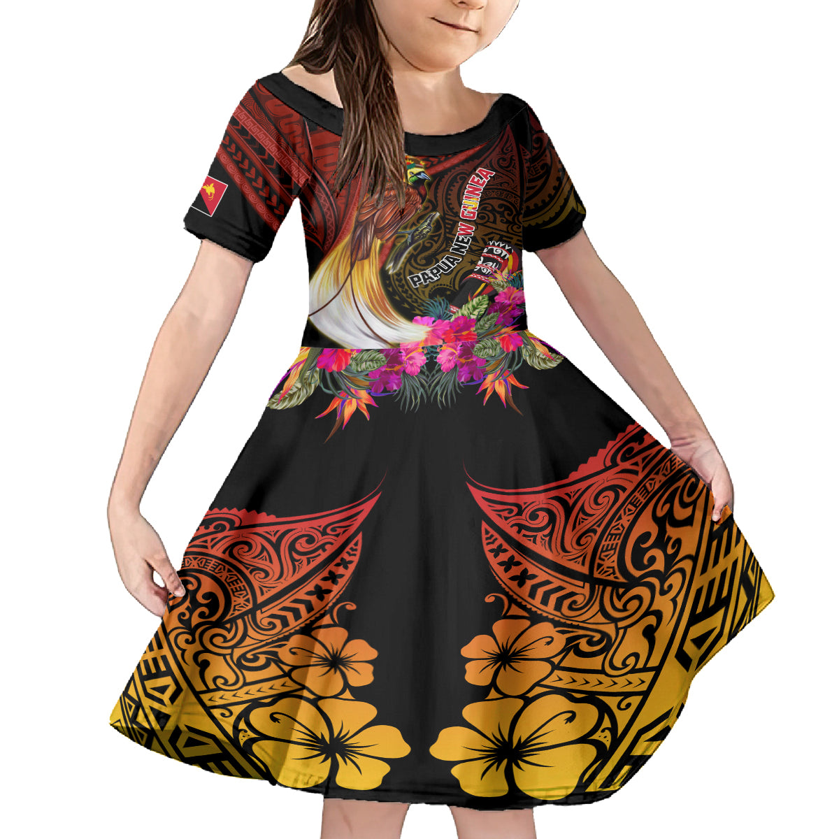 Papua New Guinea Bird-of-Paradise Family Matching Long Sleeve Bodycon Dress and Hawaiian Shirt Hibiscus and Kundu Drum Tribal Pattern LT03 Daughter's Dress Yellow - Polynesian Pride