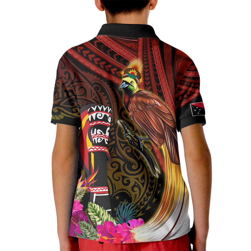 Papua New Guinea Bird-of-Paradise Kid Polo Shirt Hibiscus and Kundu Drum Tribal Pattern LT03 - Polynesian Pride