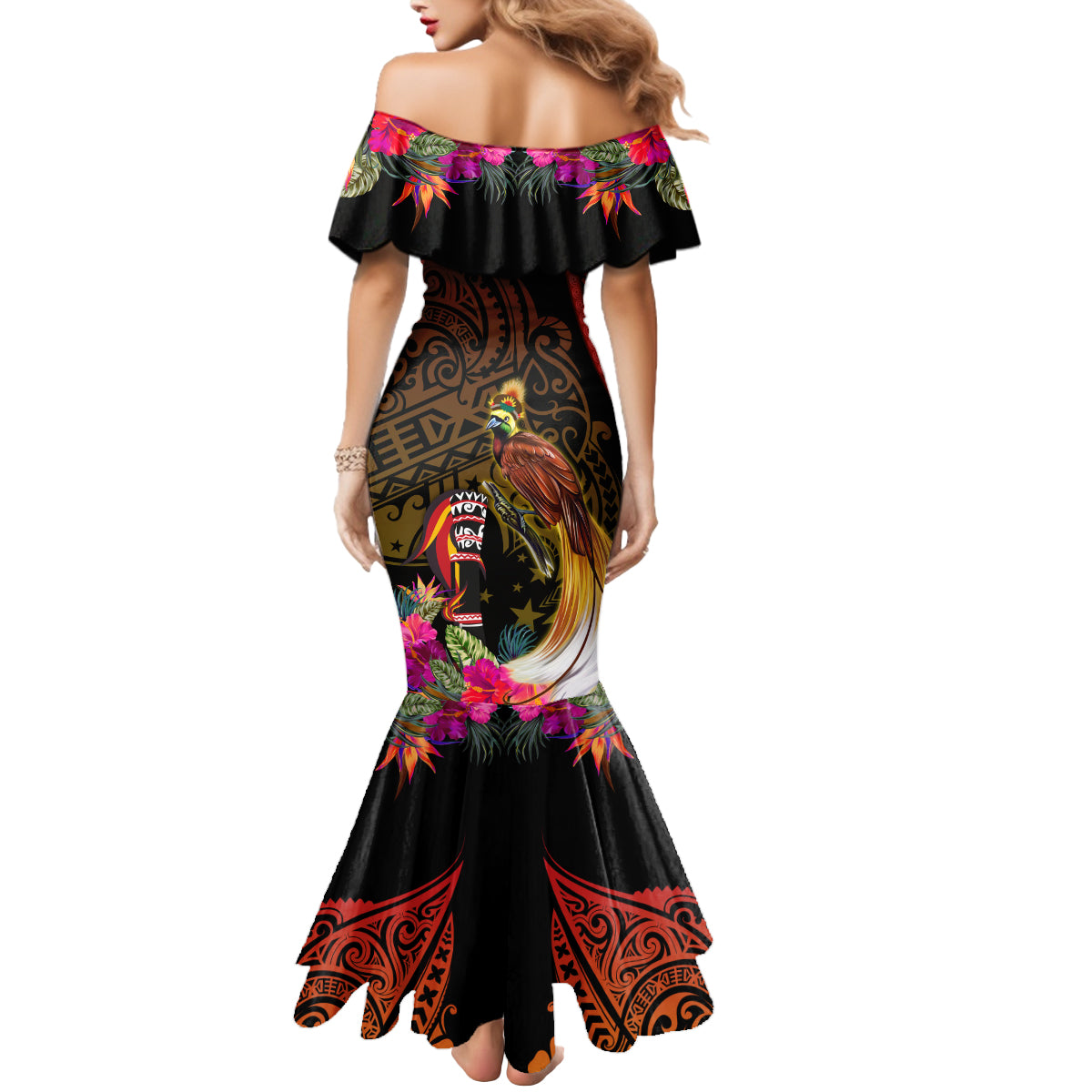 Papua New Guinea Bird-of-Paradise Mermaid Dress Hibiscus and Kundu Drum Tribal Pattern LT03 - Polynesian Pride