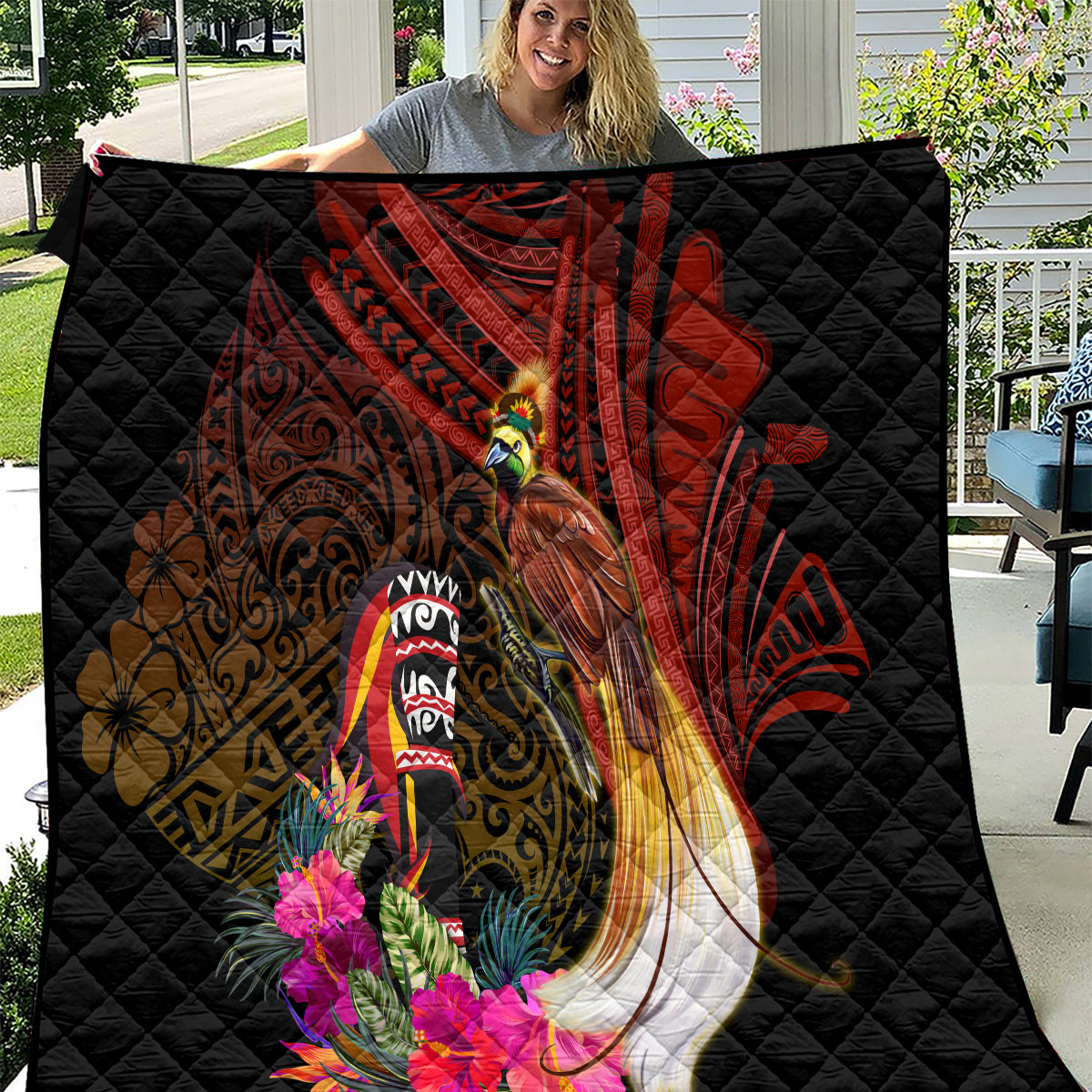 Papua New Guinea Bird-of-Paradise Quilt Hibiscus and Kundu Drum Tribal Pattern LT03 Yellow - Polynesian Pride
