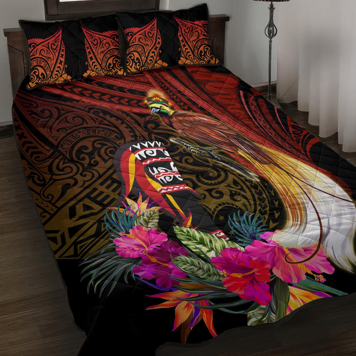 Papua New Guinea Bird-of-Paradise Quilt Bed Set Hibiscus and Kundu Drum Tribal Pattern LT03 Yellow - Polynesian Pride