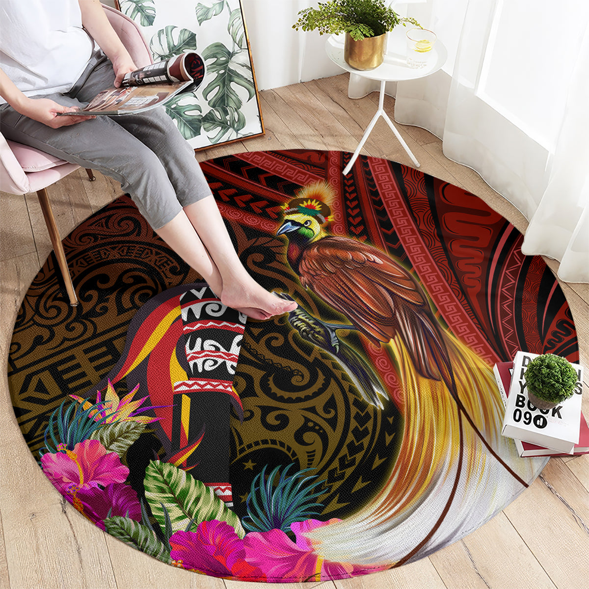 Papua New Guinea Bird-of-Paradise Round Carpet Hibiscus and Kundu Drum Tribal Pattern LT03 - Polynesian Pride