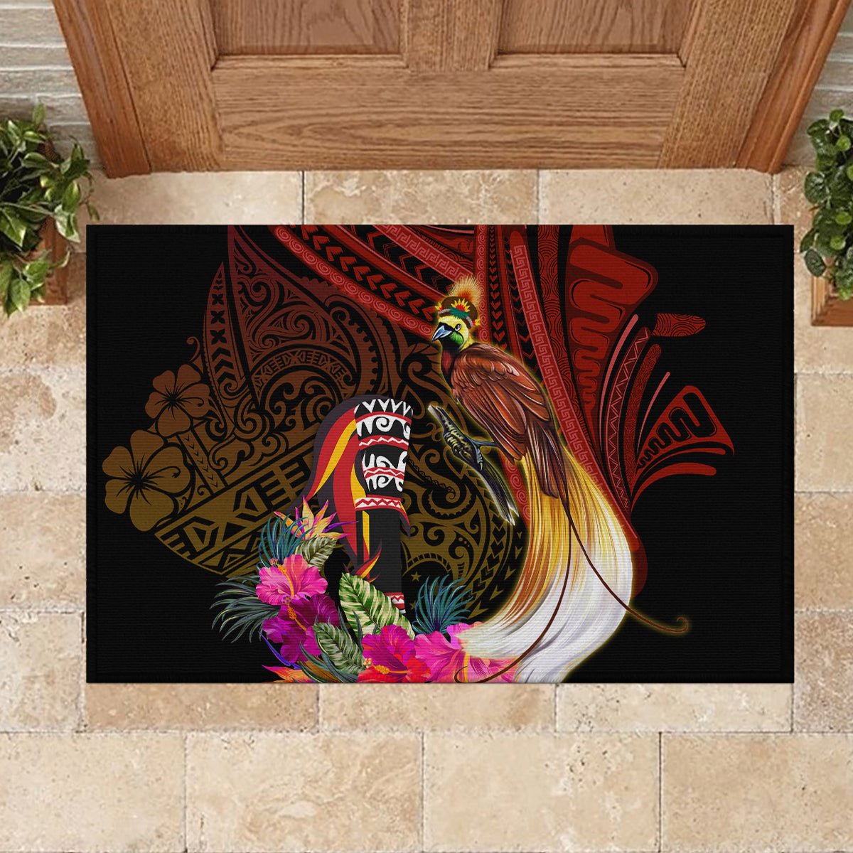 Papua New Guinea Bird-of-Paradise Rubber Doormat Hibiscus and Kundu Drum Tribal Pattern