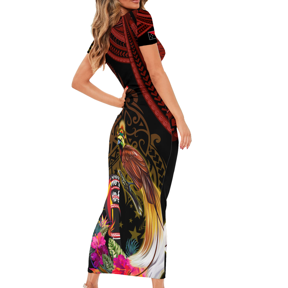 Papua New Guinea Bird-of-Paradise Short Sleeve Bodycon Dress Hibiscus and Kundu Drum Tribal Pattern LT03 - Polynesian Pride