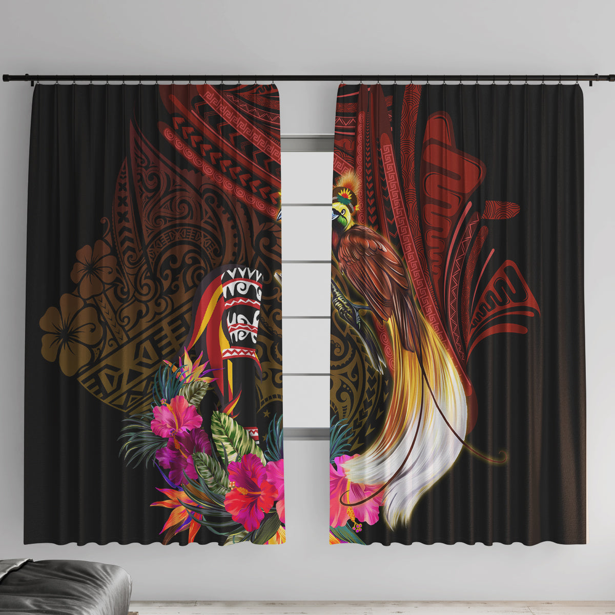Papua New Guinea Bird-of-Paradise Window Curtain Hibiscus and Kundu Drum Tribal Pattern LT03 With Hooks Yellow - Polynesian Pride