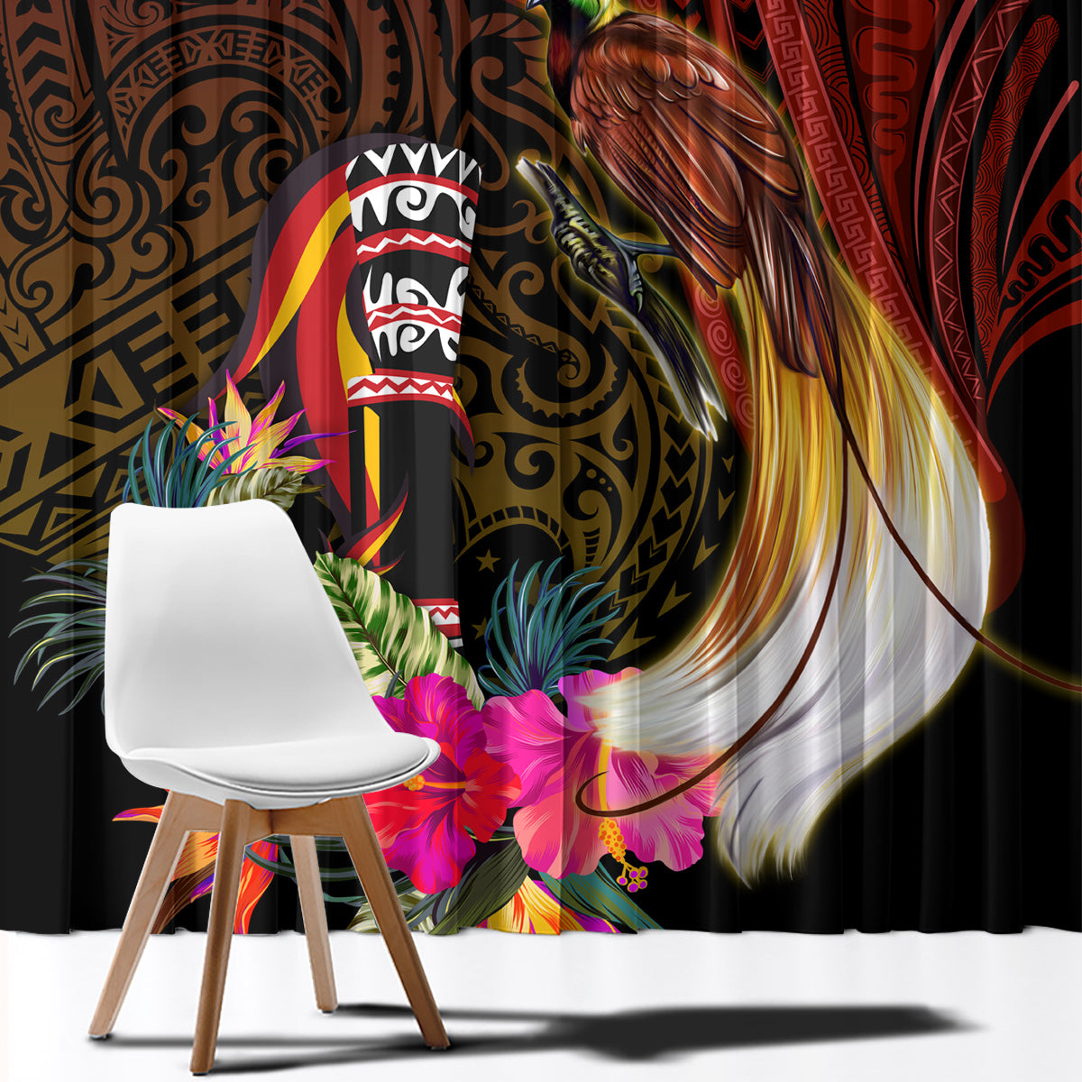 Papua New Guinea Bird-of-Paradise Window Curtain Hibiscus and Kundu Drum Tribal Pattern LT03 - Polynesian Pride