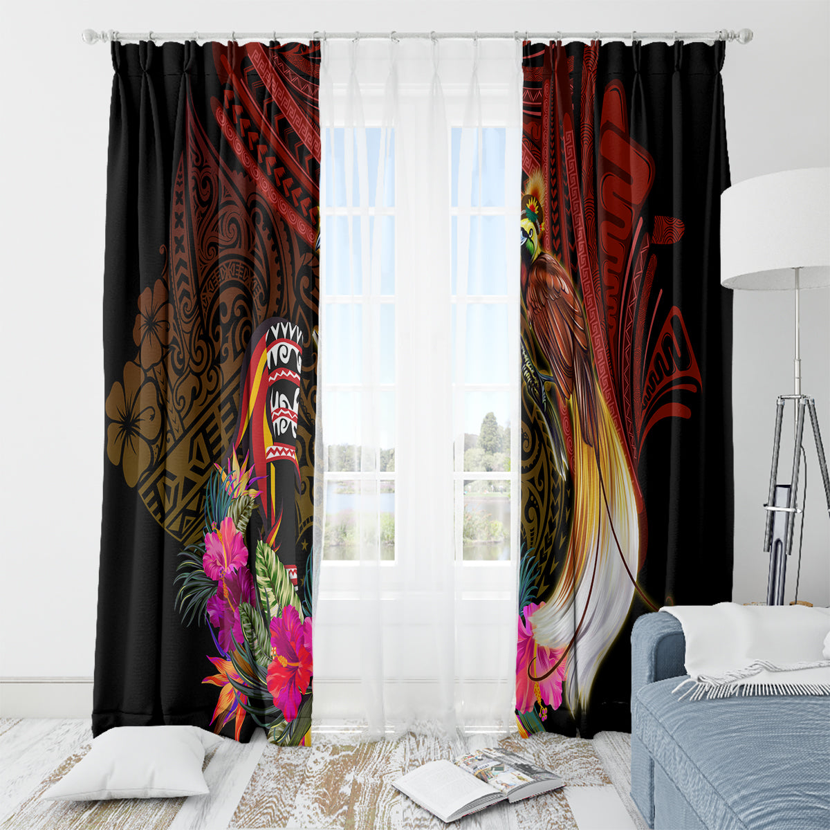 Papua New Guinea Bird-of-Paradise Window Curtain Hibiscus and Kundu Drum Tribal Pattern LT03 - Polynesian Pride