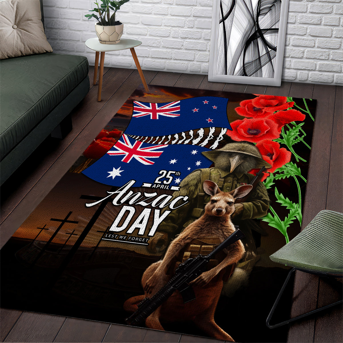 New Zealand and Australia ANZAC Day Area Rug National Flag mix Kiwi Bird and Kangaroo Soldier Style