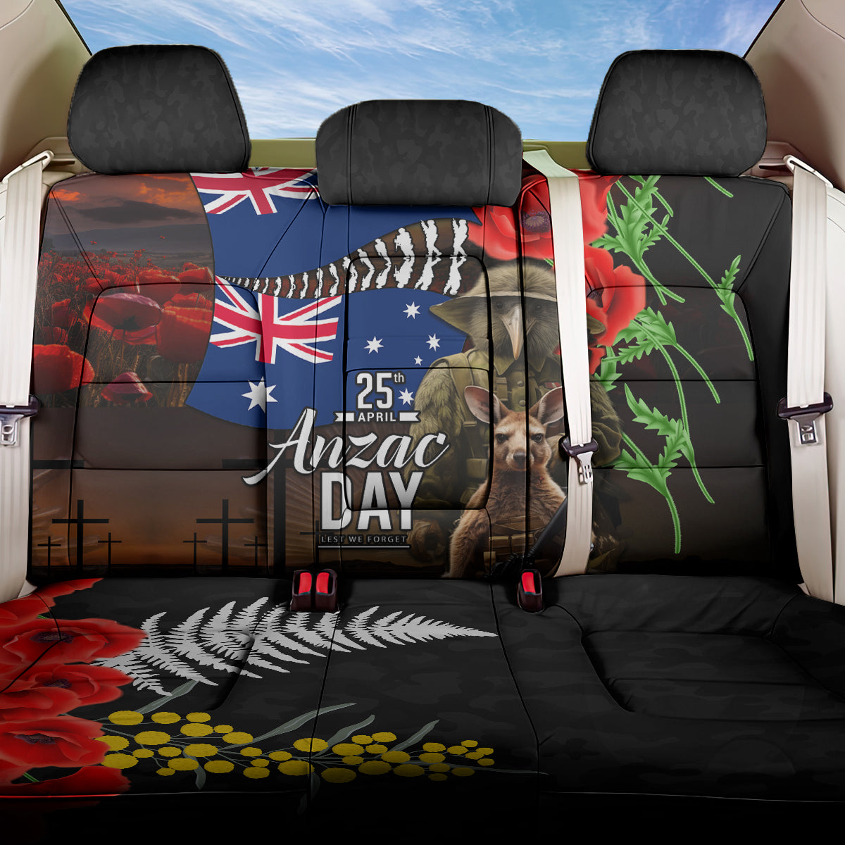 New Zealand and Australia ANZAC Day Back Car Seat Cover National Flag mix Kiwi Bird and Kangaroo Soldier Style