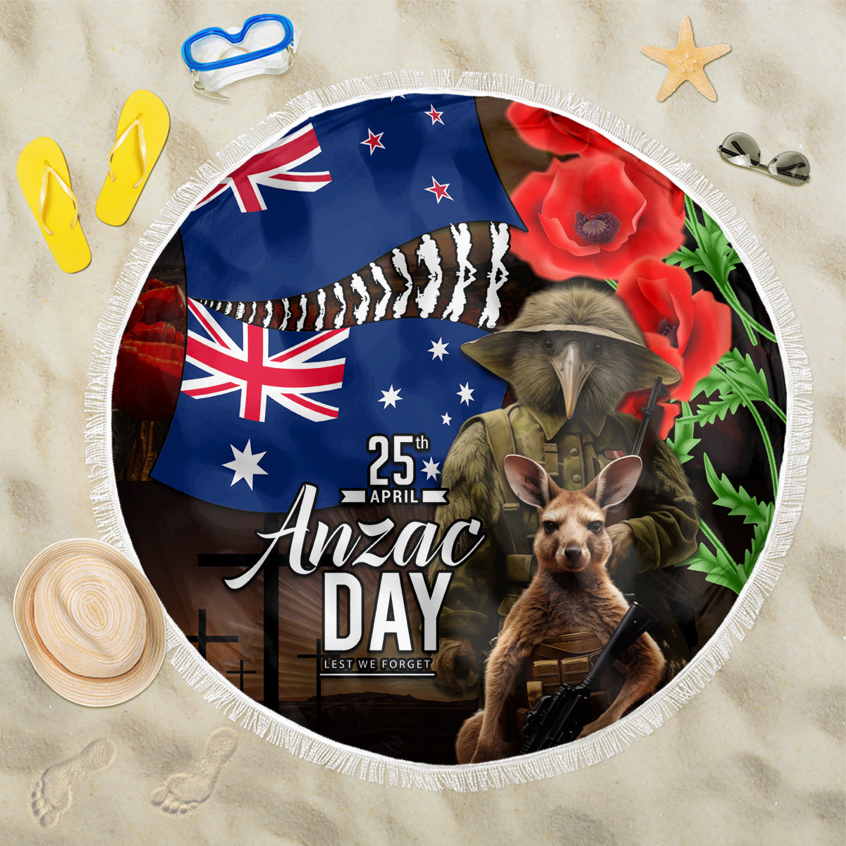 New Zealand and Australia ANZAC Day Beach Blanket National Flag mix Kiwi Bird and Kangaroo Soldier Style