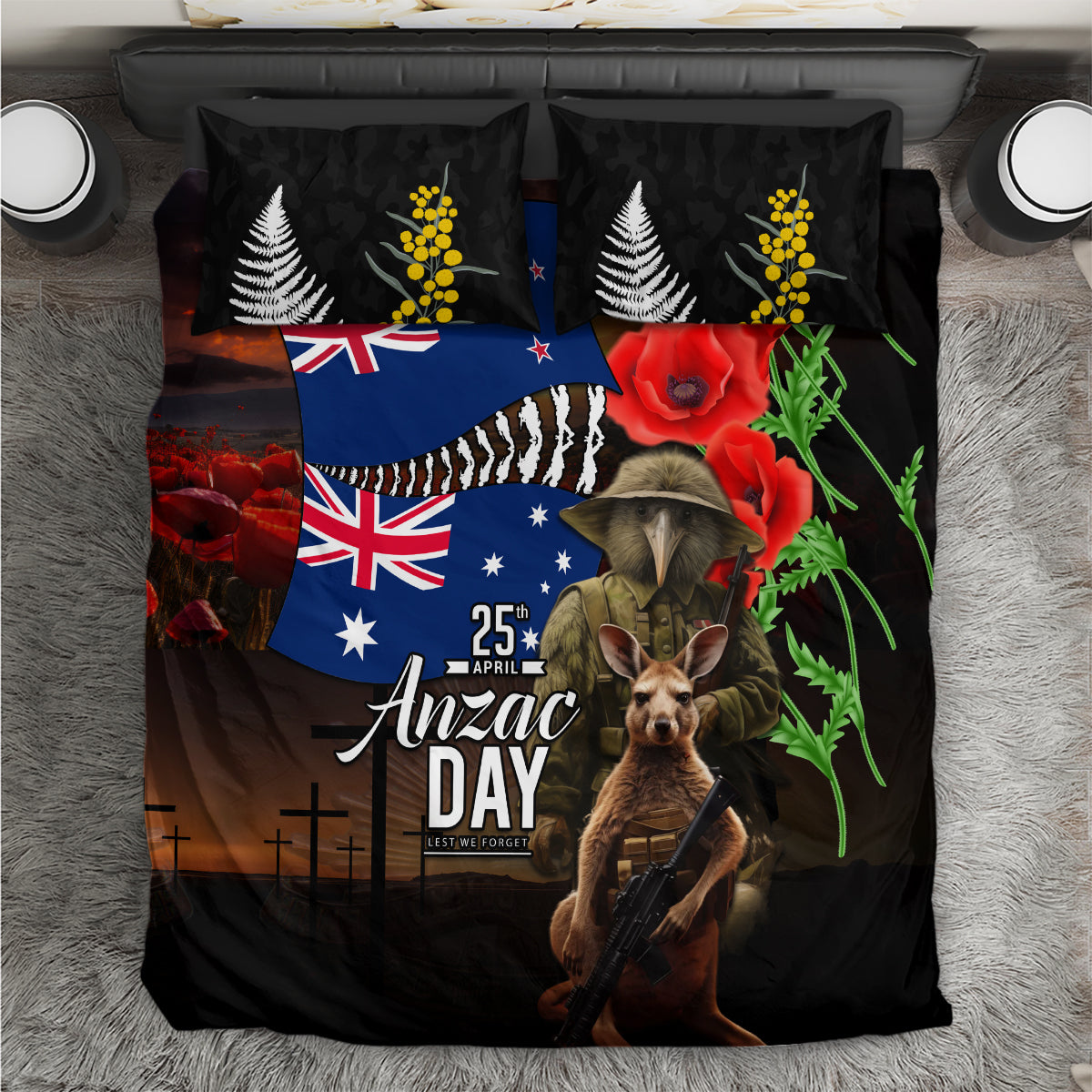 New Zealand and Australia ANZAC Day Bedding Set National Flag mix Kiwi Bird and Kangaroo Soldier Style