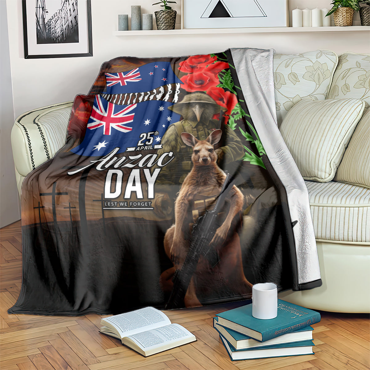 New Zealand and Australia ANZAC Day Blanket National Flag mix Kiwi Bird and Kangaroo Soldier Style