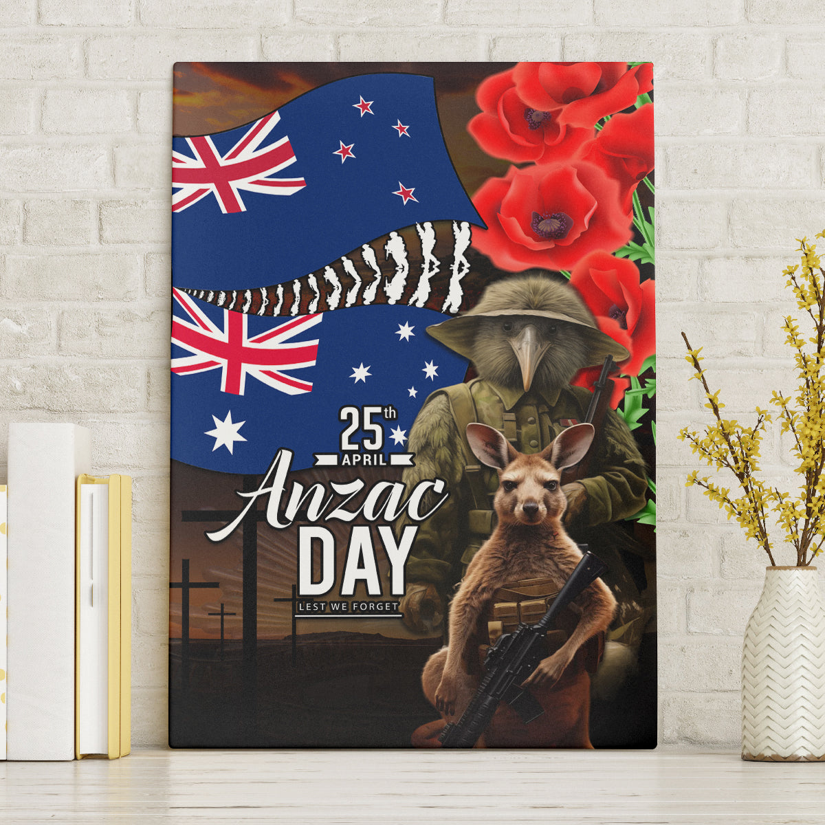 New Zealand and Australia ANZAC Day Canvas Wall Art National Flag mix Kiwi Bird and Kangaroo Soldier Style