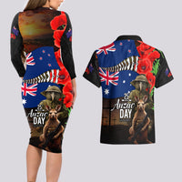 New Zealand and Australia ANZAC Day Couples Matching Long Sleeve Bodycon Dress and Hawaiian Shirt National Flag mix Kiwi Bird and Kangaroo Soldier Style LT03 - Polynesian Pride