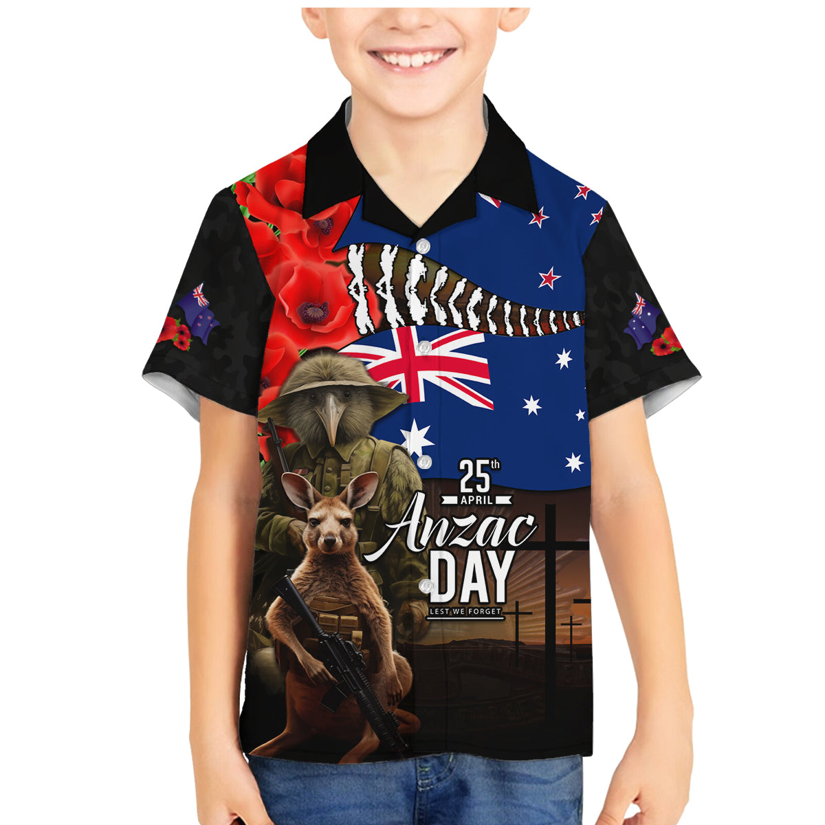 New Zealand and Australia ANZAC Day Family Matching Mermaid Dress and Hawaiian Shirt National Flag mix Kiwi Bird and Kangaroo Soldier Style LT03 Son's Shirt Black - Polynesian Pride