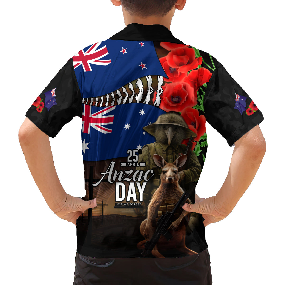 New Zealand and Australia ANZAC Day Family Matching Off Shoulder Maxi Dress and Hawaiian Shirt National Flag mix Kiwi Bird and Kangaroo Soldier Style LT03 - Polynesian Pride