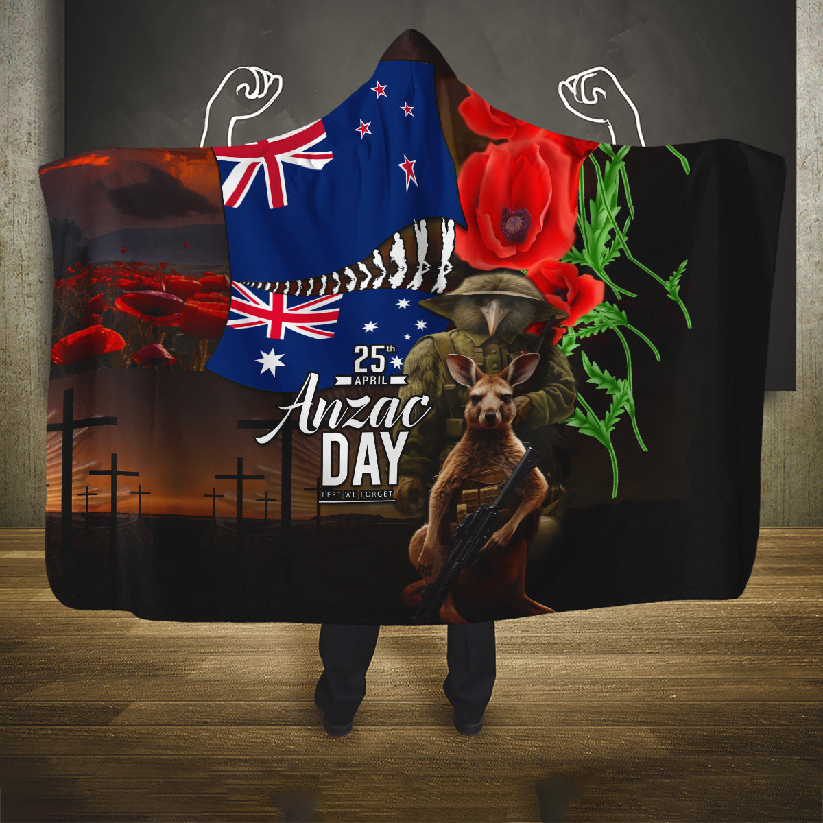 New Zealand and Australia ANZAC Day Hooded Blanket National Flag mix Kiwi Bird and Kangaroo Soldier Style