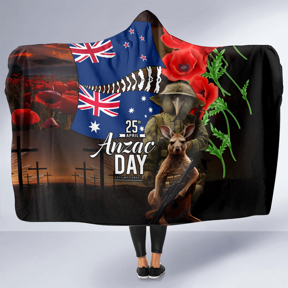 New Zealand and Australia ANZAC Day Hooded Blanket National Flag mix Kiwi Bird and Kangaroo Soldier Style