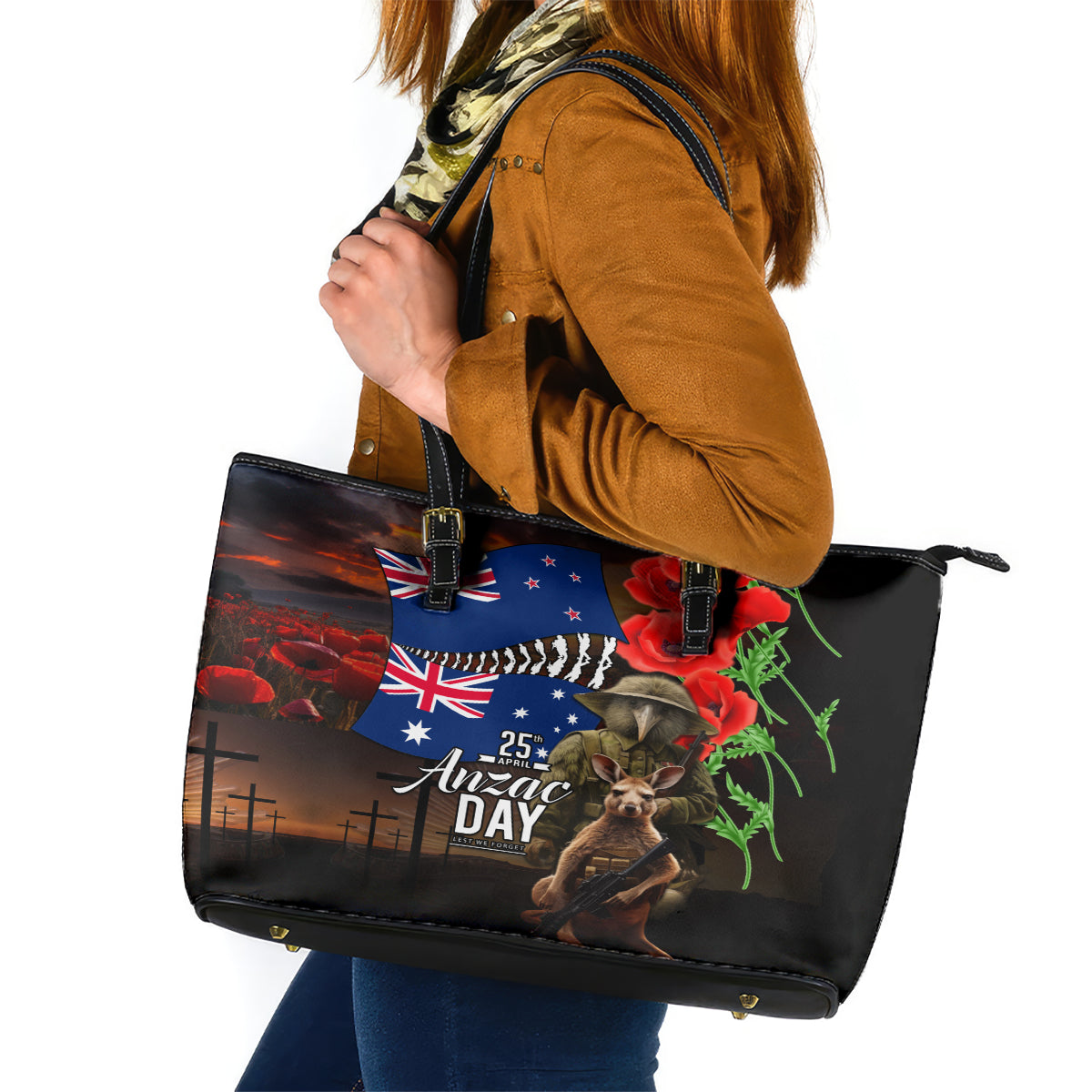 New Zealand and Australia ANZAC Day Leather Tote Bag National Flag mix Kiwi Bird and Kangaroo Soldier Style