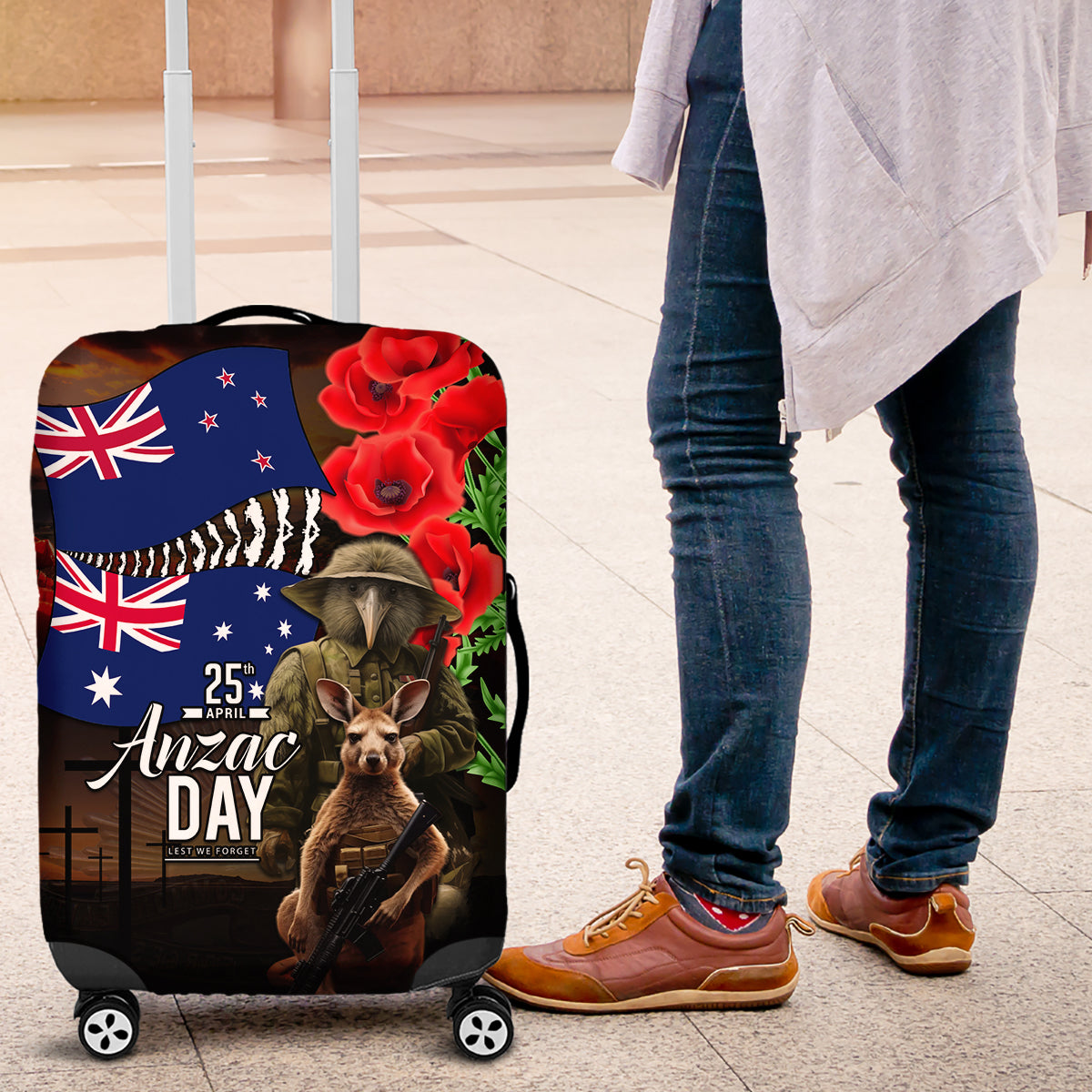 New Zealand and Australia ANZAC Day Luggage Cover National Flag mix Kiwi Bird and Kangaroo Soldier Style