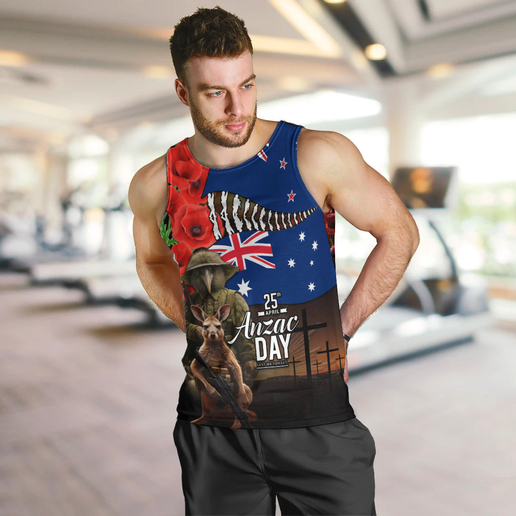 New Zealand and Australia ANZAC Day Men Tank Top National Flag mix Kiwi Bird and Kangaroo Soldier Style LT03 Black - Polynesian Pride