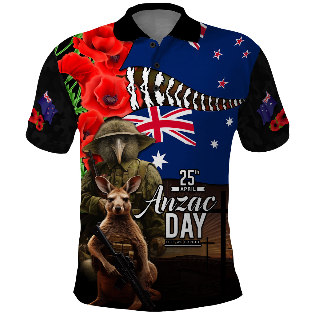 New Zealand and Australia ANZAC Day Polo Shirt National Flag mix Kiwi Bird and Kangaroo Soldier Style LT03 Black - Polynesian Pride
