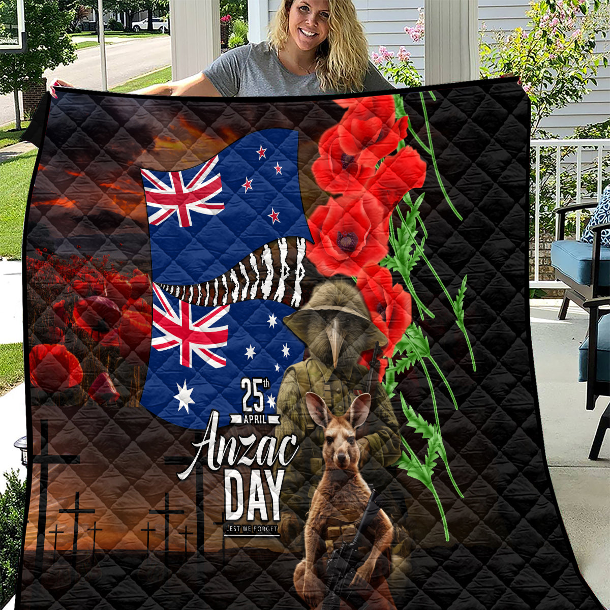 New Zealand and Australia ANZAC Day Quilt National Flag mix Kiwi Bird and Kangaroo Soldier Style