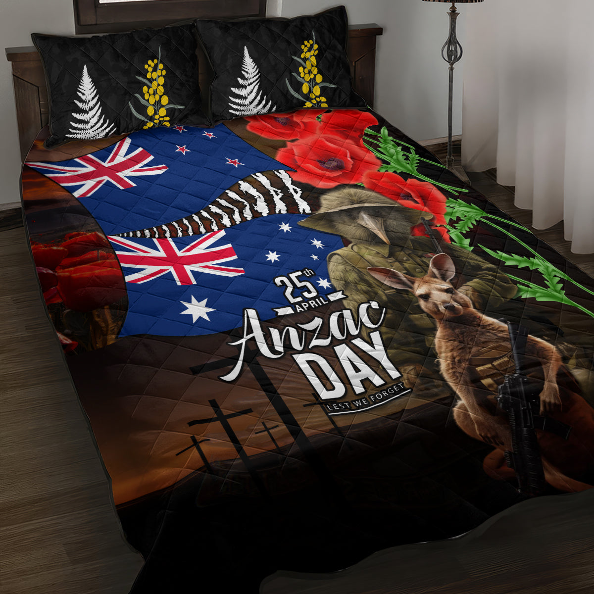 New Zealand and Australia ANZAC Day Quilt Bed Set National Flag mix Kiwi Bird and Kangaroo Soldier Style