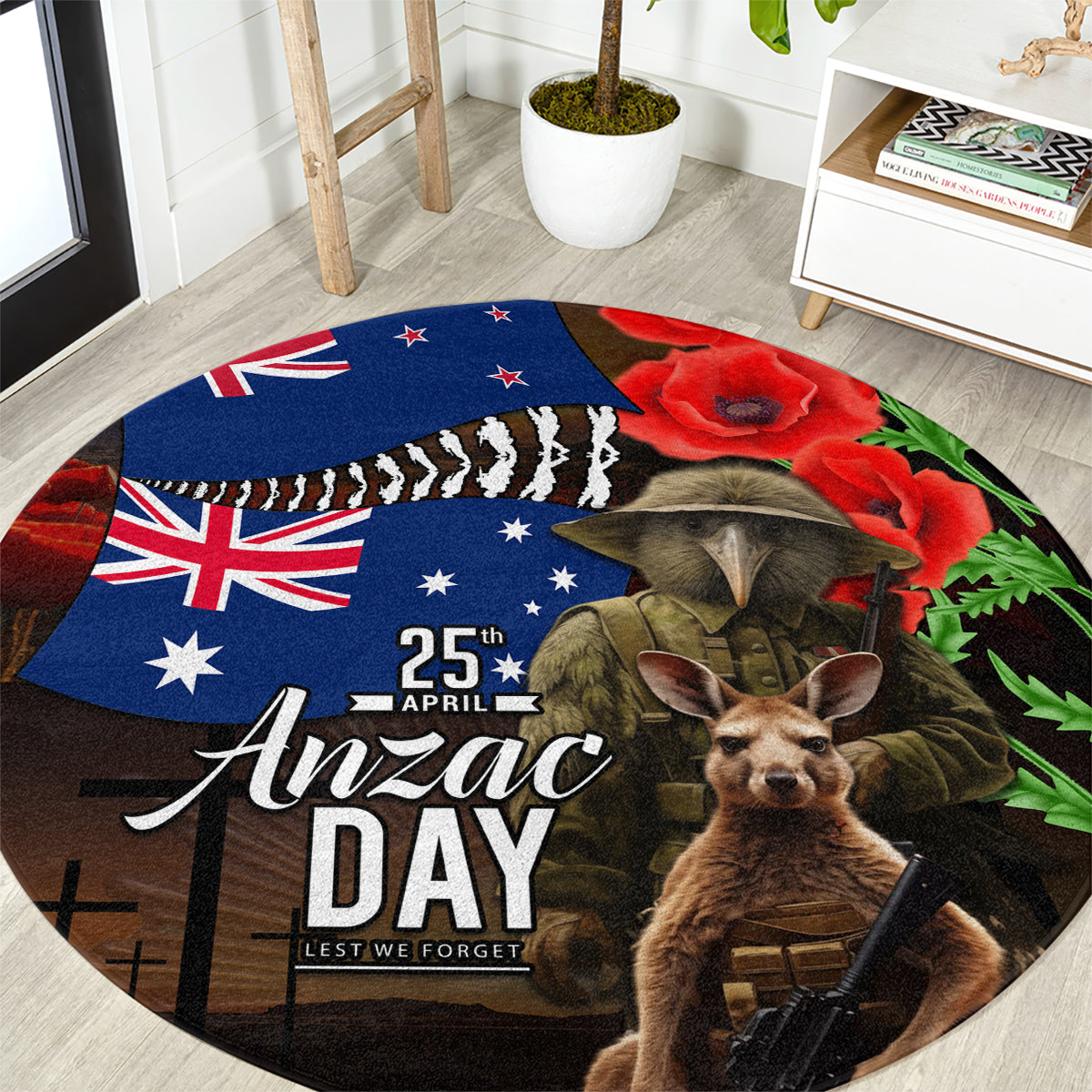 New Zealand and Australia ANZAC Day Round Carpet National Flag mix Kiwi Bird and Kangaroo Soldier Style