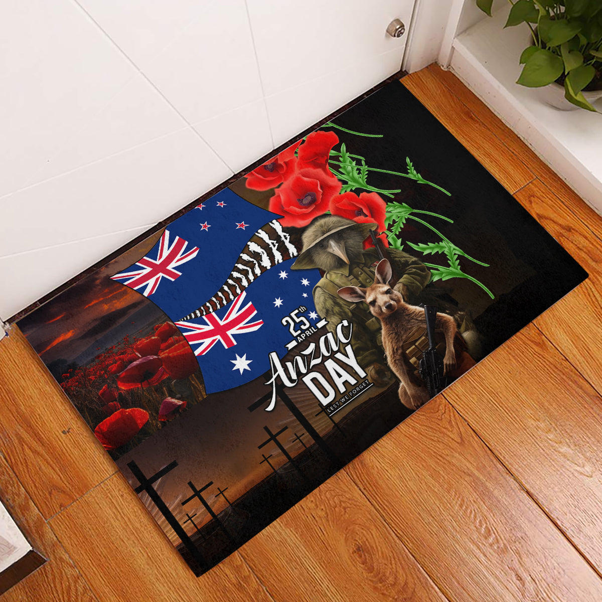 New Zealand and Australia ANZAC Day Rubber Doormat National Flag mix Kiwi Bird and Kangaroo Soldier Style