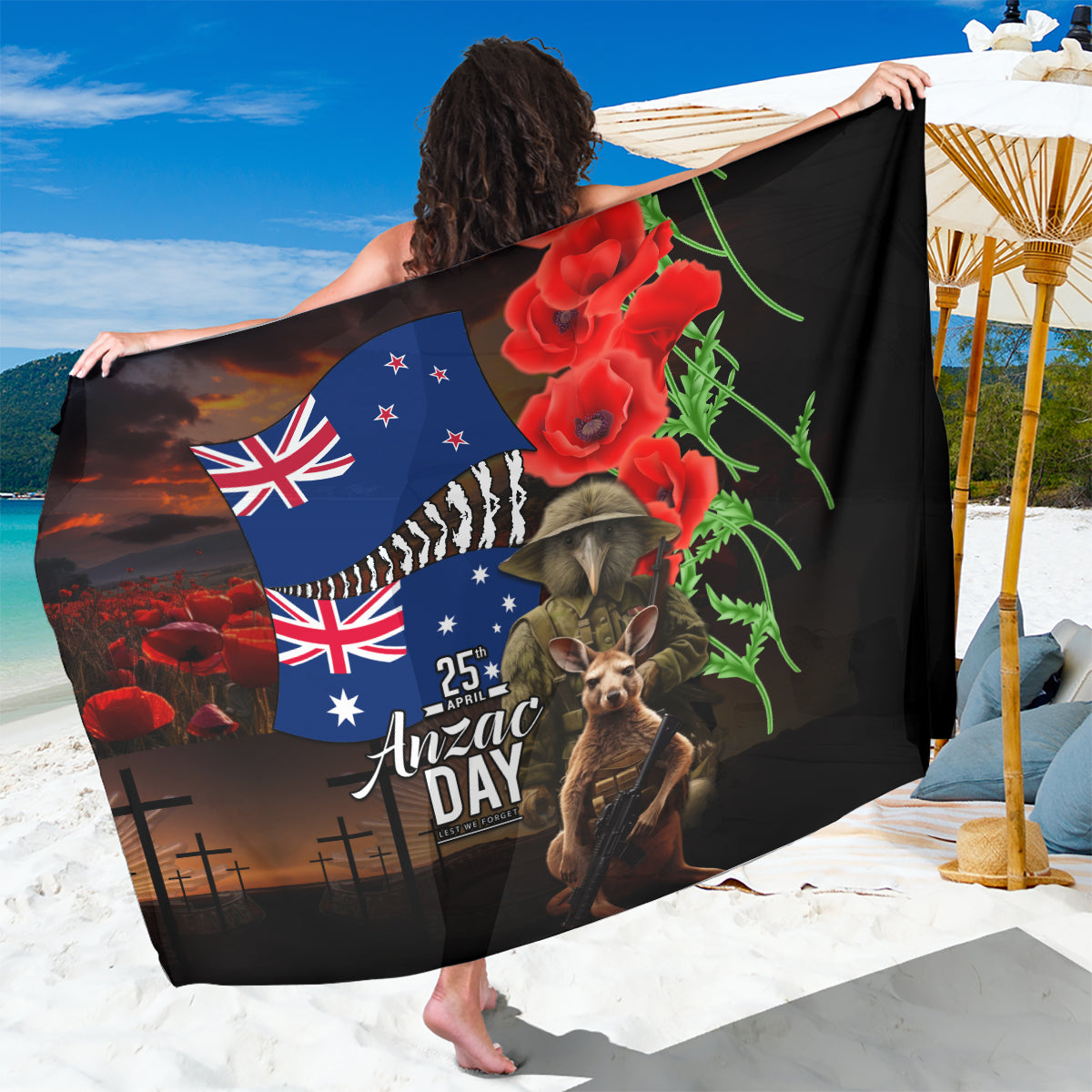 New Zealand and Australia ANZAC Day Sarong National Flag mix Kiwi Bird and Kangaroo Soldier Style