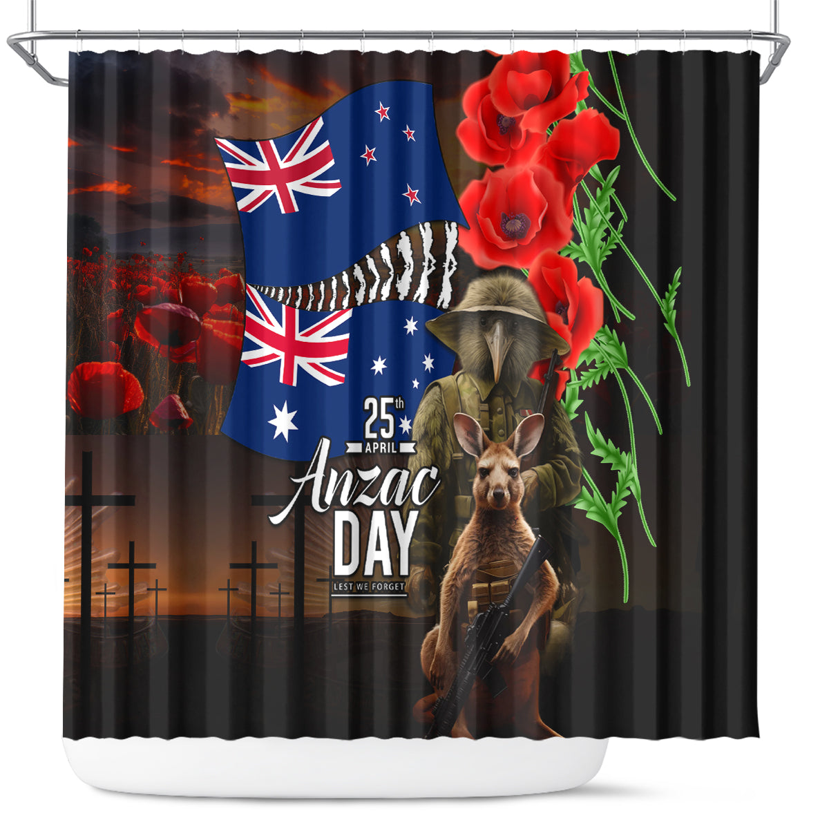 New Zealand and Australia ANZAC Day Shower Curtain National Flag mix Kiwi Bird and Kangaroo Soldier Style